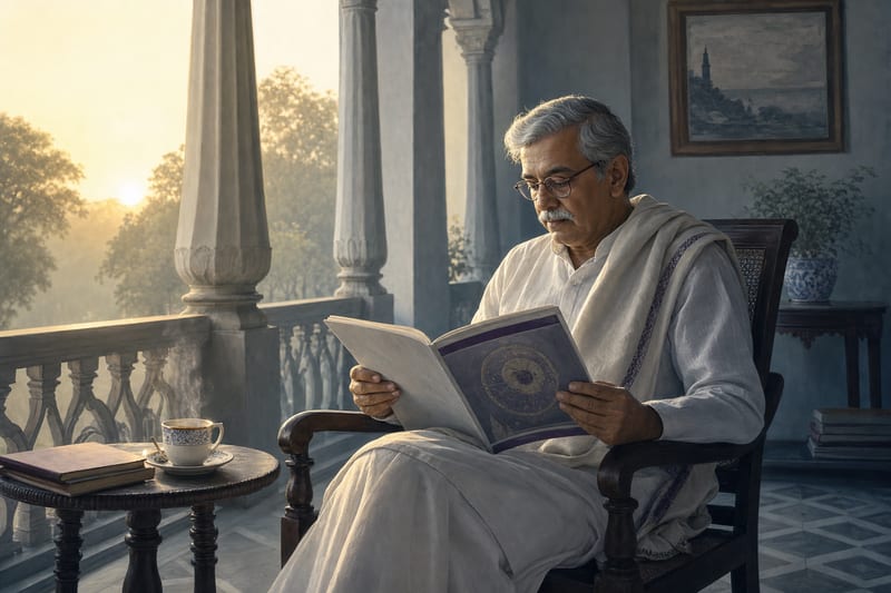 An older reader with the magazine in a veranda armchair at dawn, chai beside him