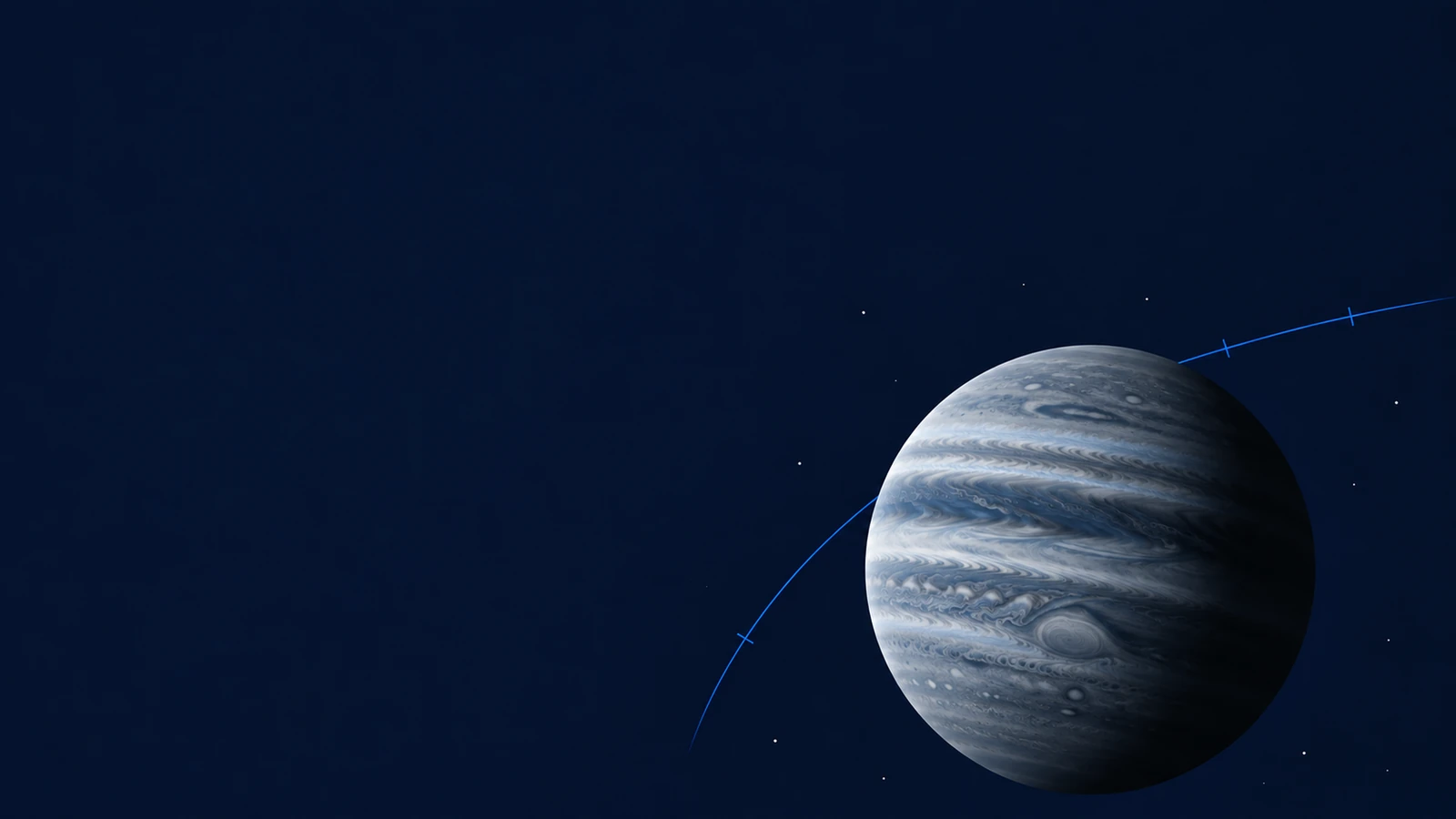 A partly shadowed blue-grey Jupiter with fine cloud bands and a thin blue orbital arc crossing a dark navy sky.